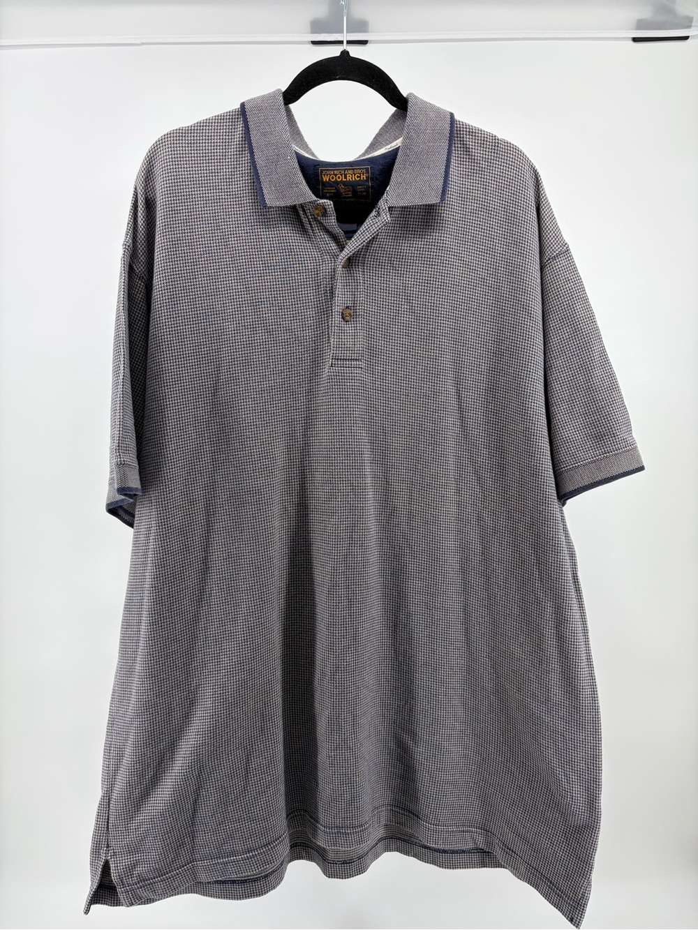 Woolrich, Vintage, Polo Shirt Short Sleeve Herringbone Blue Gray Size XL S029
